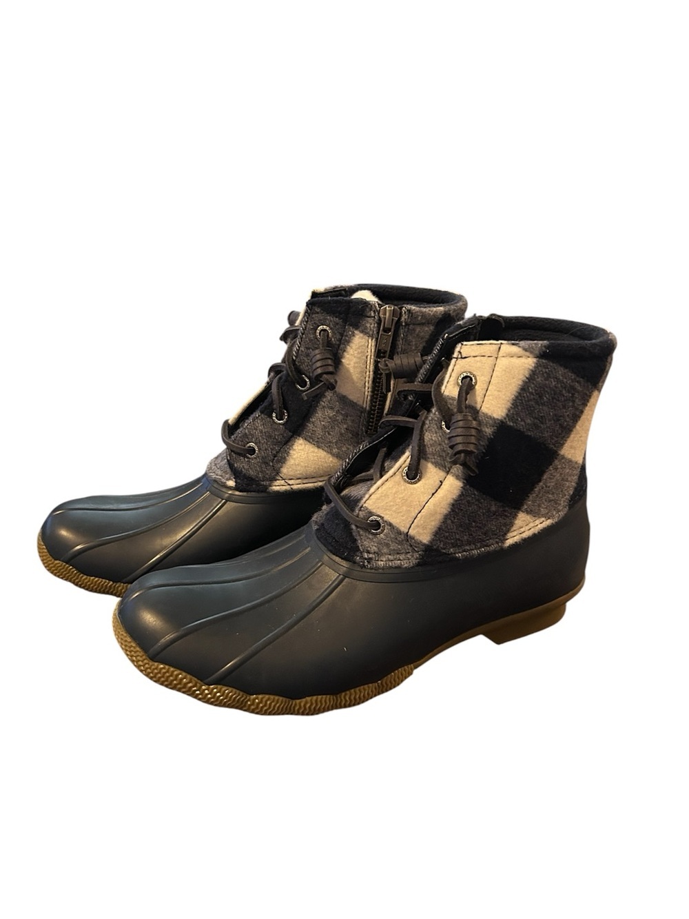 NWOT Sperry Duck Boots with Navy & Cream Plaid Cuff Size 9.5